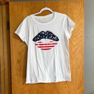 Gildan White Tee with American Flag Lips Graphic
